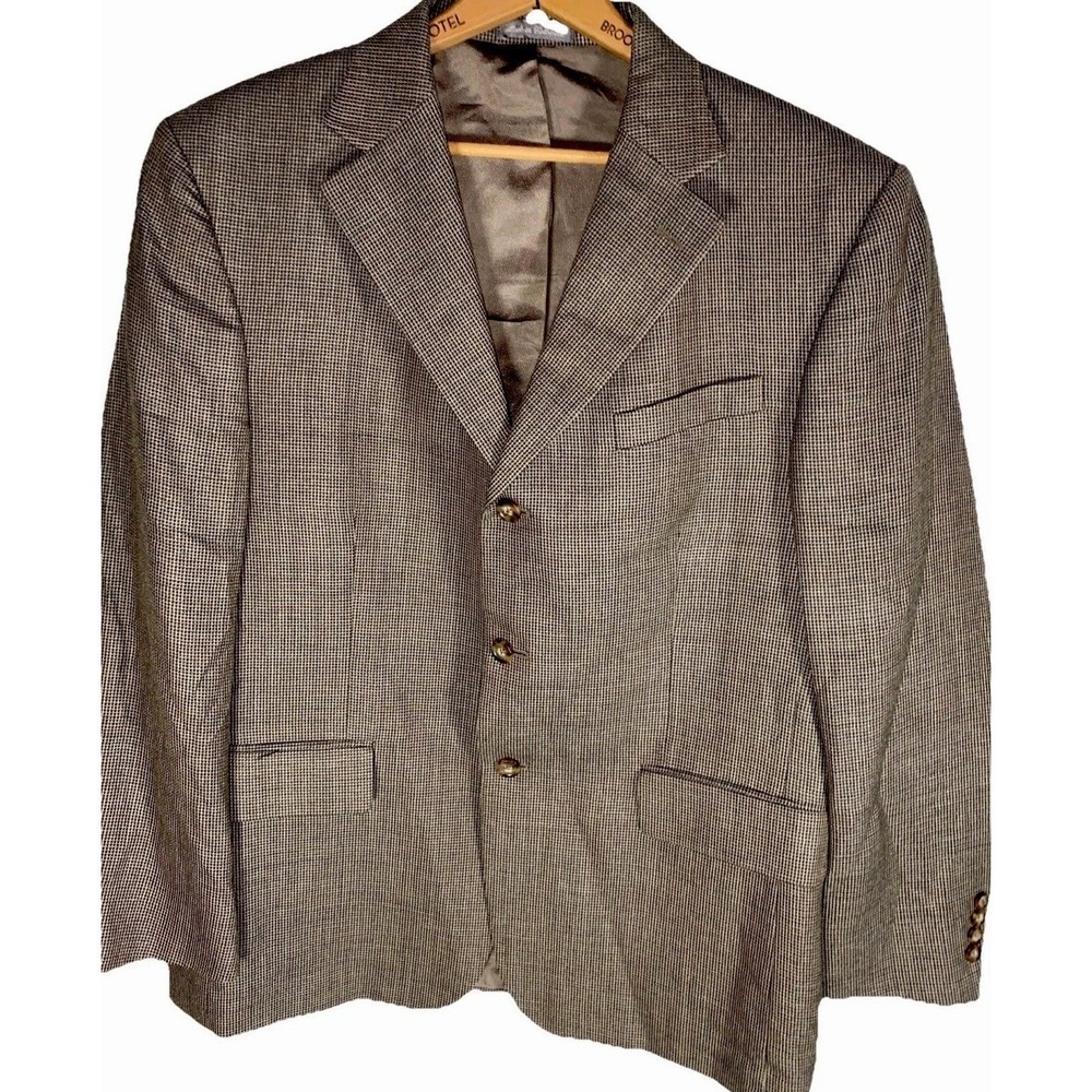 Oscar de la Renta Blazer Mens 44R Brown Silk Wool Houndstooth Jacket